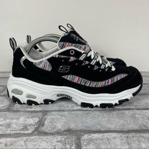 Skechers D'Lites Interlude black colorful stripes shoes women size 8 sneakers